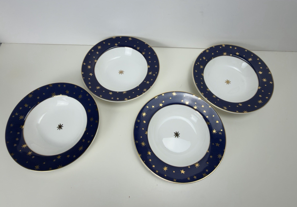 Set 4 Galaxy fine porcelain by Sakura° 14k Gold -Blue Rim Gold Stars 8-5/8 Bowls